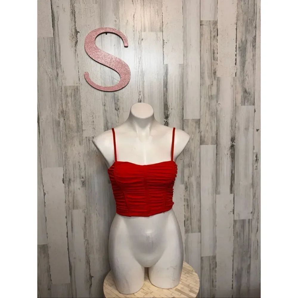 Forever 21 Red Ruched Spaghetti Strap Crop Top Size S